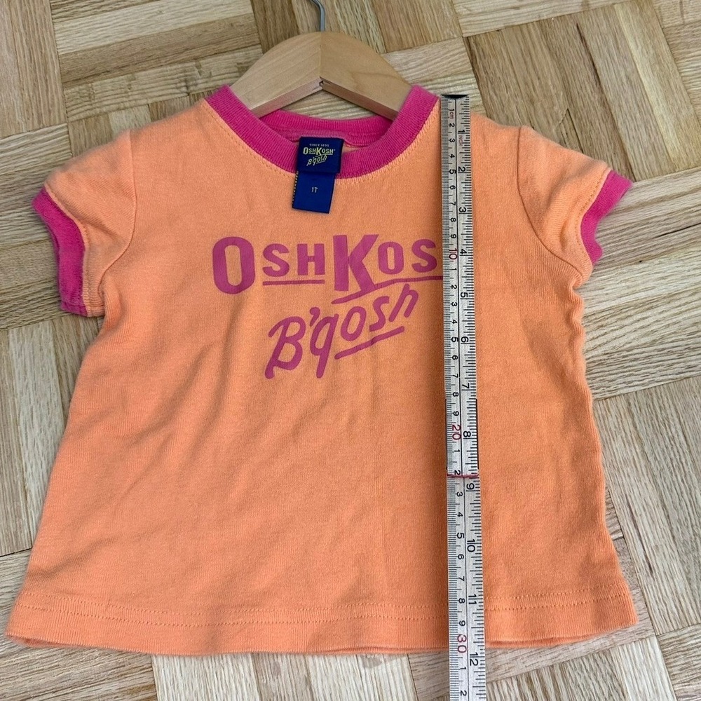 Vintage OshKosh B'gosh Toddler Girls Orange Pink Ringer Logo T-Shirt 1T - Picture 9 of 9